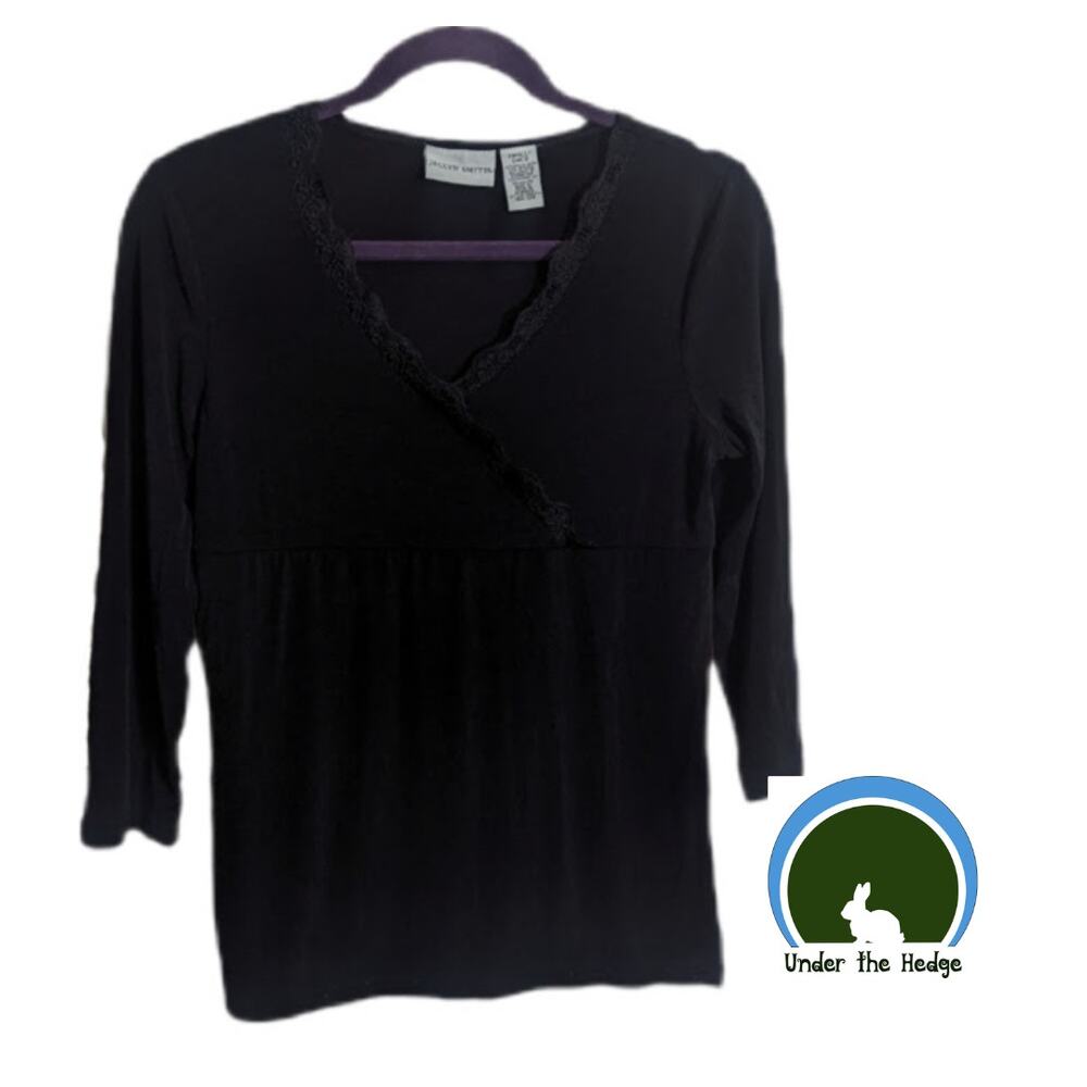 Y2K Jaclyn Smith Black Lace Trim faux Wrap Top | Small | Whimsigoth Grunge